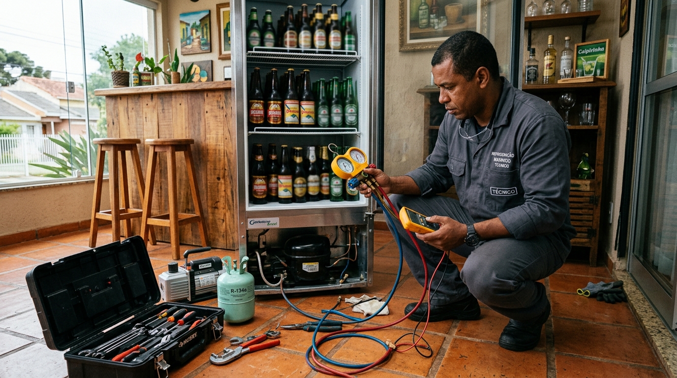 Profissional executando reparo no motor de cervejeira em Palmas‑TO
