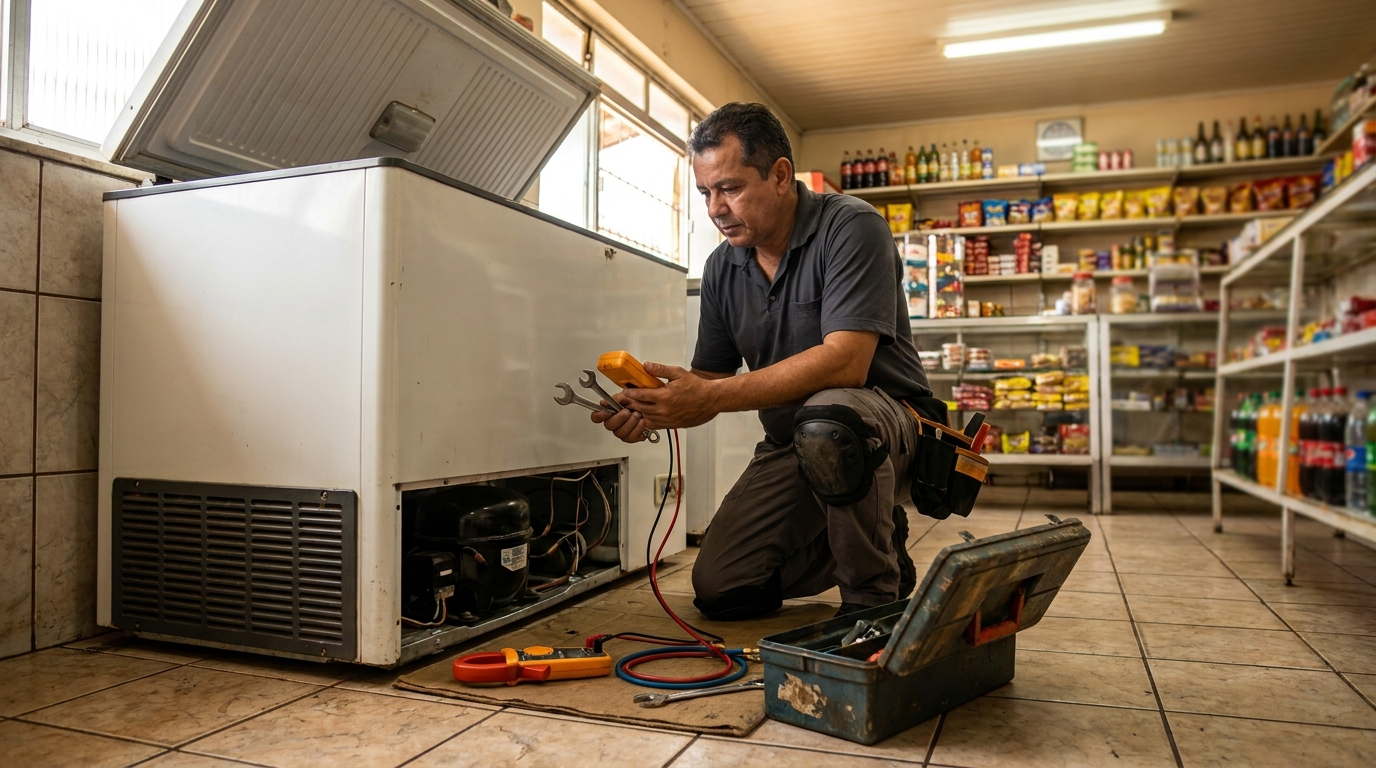 Profissional executando manutenção no motor de freezer em Palmas‑TO