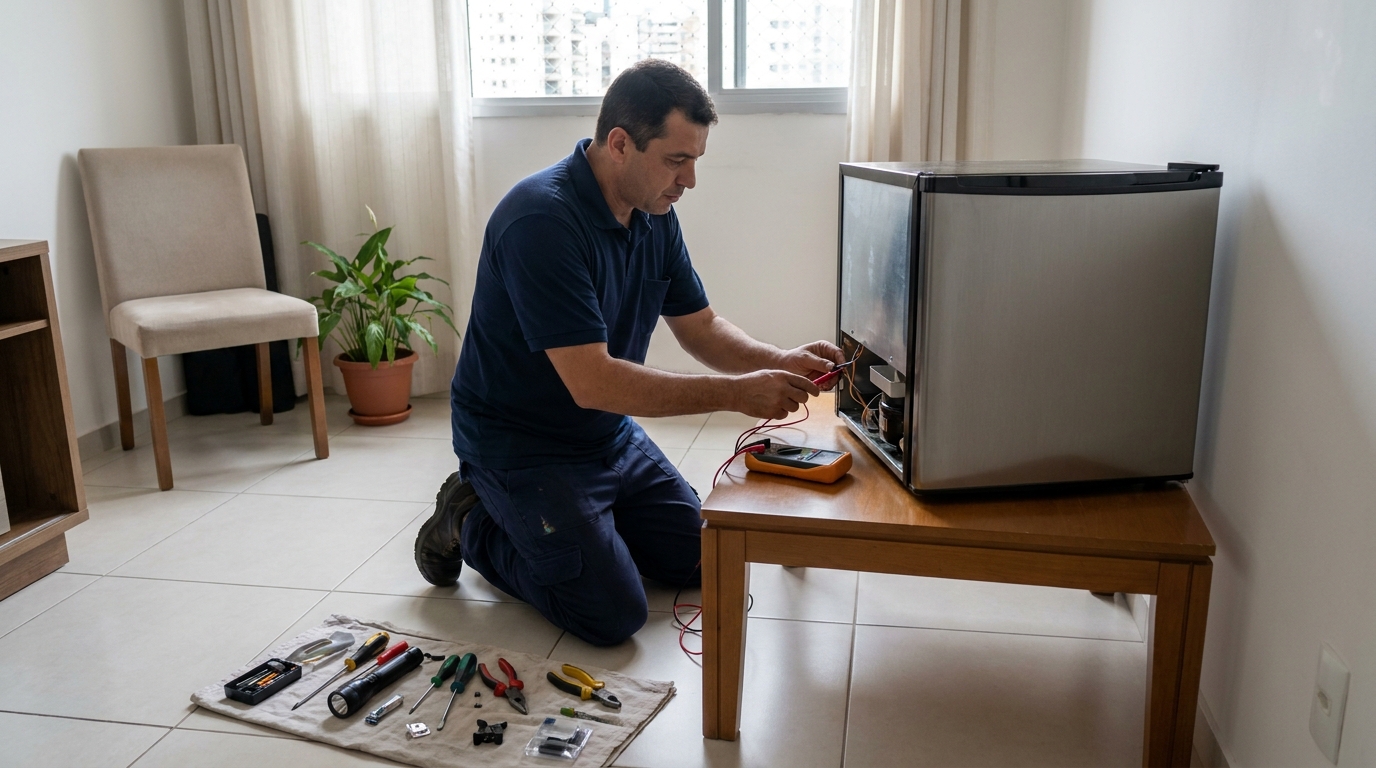 Técnico fazendo manutenção do motor de frigobar em Palmas‑TO