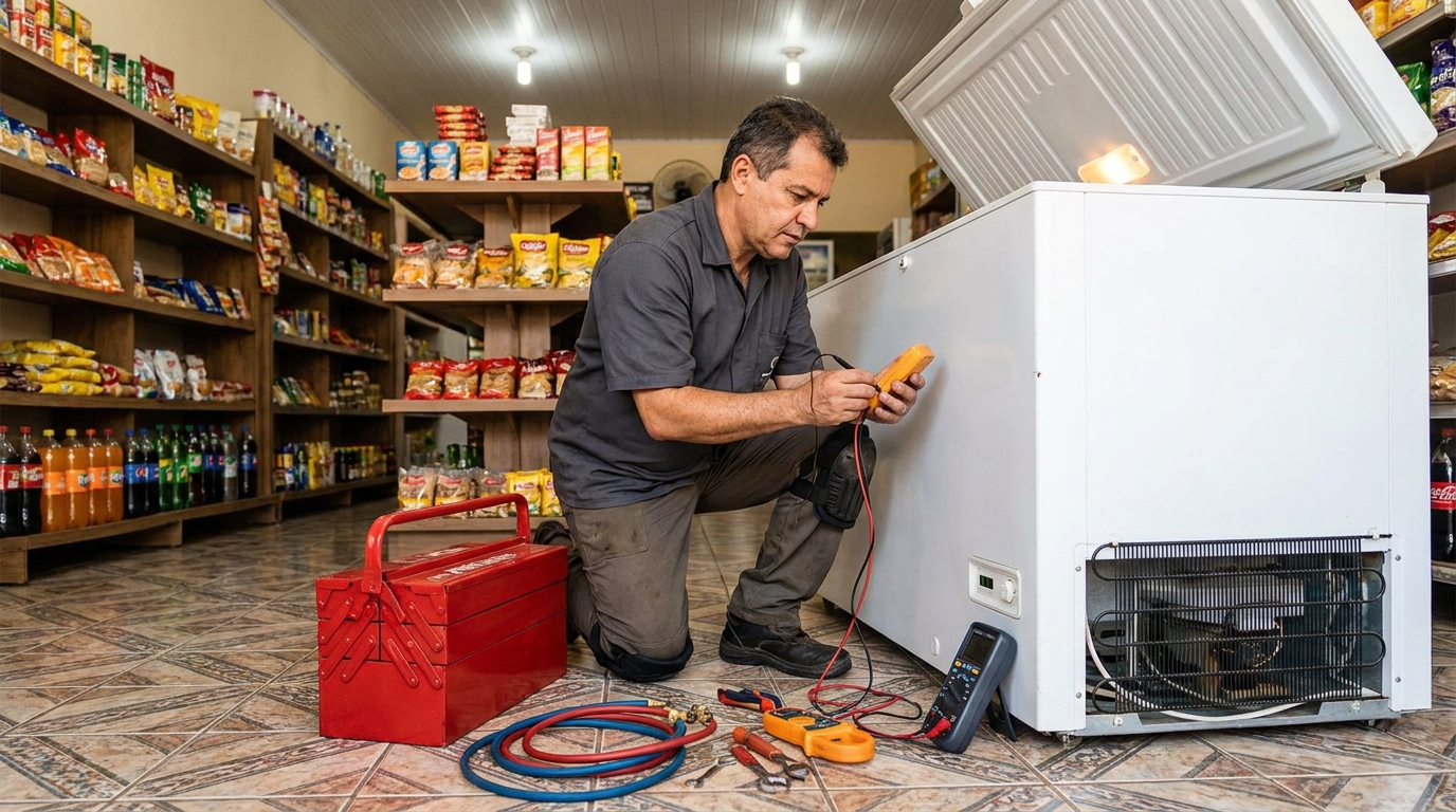 Recarga de gás refrigerante no freezer durante atendimento em Palmas‑TO