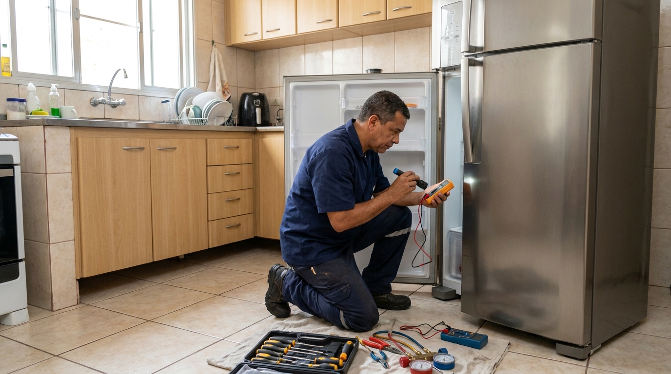 Técnico aplicando recarga de gás refrigerante em geladeira em Palmas‑TO